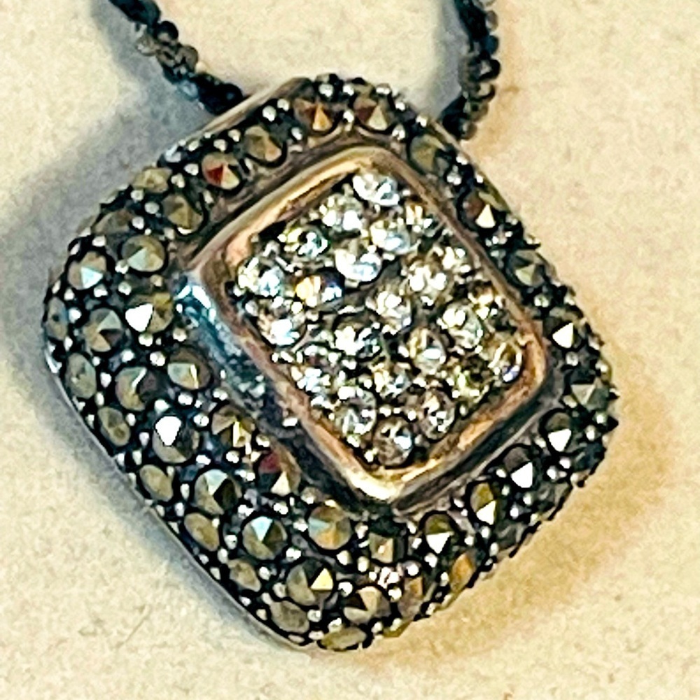 VTg Set Of 2 Sterling Silver Marcasite CZ Pendant / Chain Necklace Sz 17” Italy - Picture 2 of 12